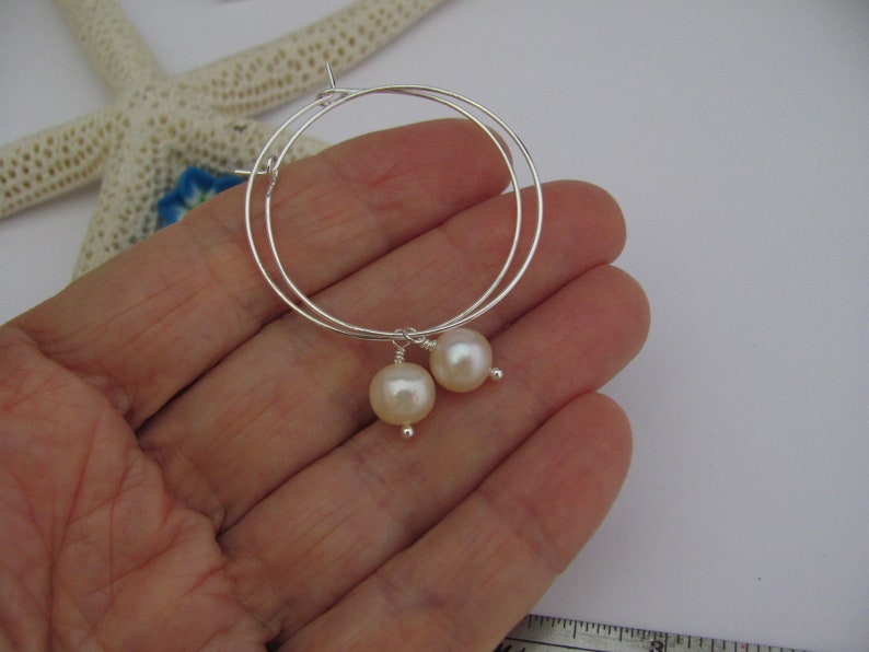 Hawaii Beads Jewelry Pearl Hoop Earrings Minimal Cream White Freshwater Pearls Bohemian Boho Silver Plated Hoops