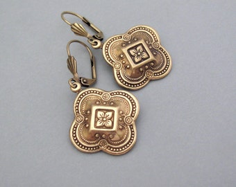 Moroccan Earrings Ornate Bohemian Antiqued Gold Brass Art Nouveau Cosplay Romancecore Ren Faire Boho Steampunk Design Earrings