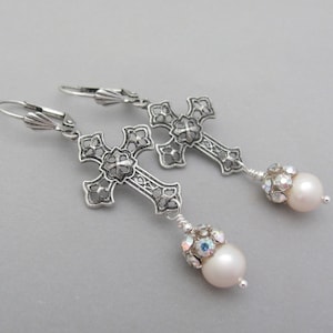 Pearl Cross Earrings Filigree Gothic Cross Pendant Earrings Medieval Cosplay Renaissance Faire Christian Long Silver Earrings