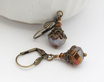 Vintage Crystal Earrings Topaz Bronzed Beaded Birthday Gift Romancecore Lovecore Girlfriend Jewelry Victorian Cosplay Clip On Earrings