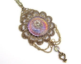 Vintage Necklace Czech Button Heart Charm Swarovski Crystal Antiqued Gold Brass Chain Necklace