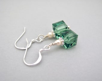 Teal Crystal Earrings Cubes White Swarovski Pearls Silver Plated Earrings Christmas Earrings