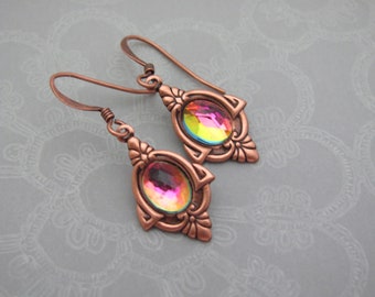 Art Deco Earrings Antiqued Copper Art Glass Dangle Dainty Copper Jewelry Clip On Earrings