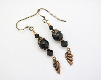Black Pearl Earrings, Gothic Crystal bead Dangle, Art Nouveau Style Goth Aesthetic