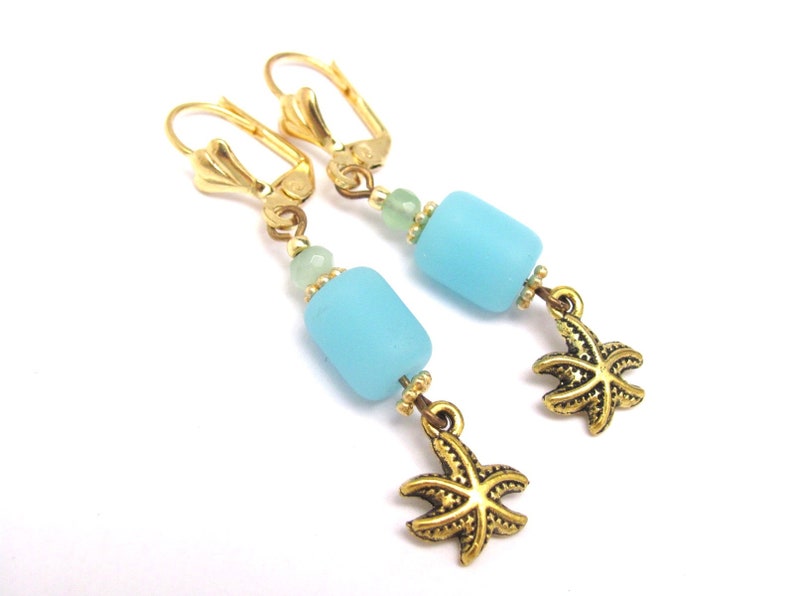 Star Fish Sea Glass Earrings Blue Beach Jewelry Made in Hawaii Hawaiian Earrings