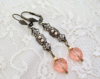 Art Deco Earrings Peach Heart Crystal Pearls Antiqued Brass Bridal Wedding Romancecore Valentine Renaissance Baroque Tudor Earrings