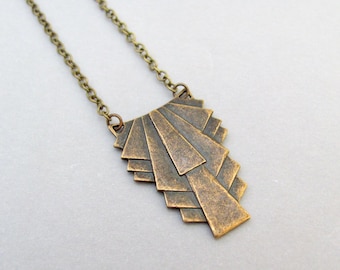 Art Deco Pendant Antiqued Gold Brass Gift for Woman Holiday Jewelry Necklace