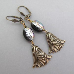 Scarab Earrings Lotus Flower Egyptian Revival Vintage Style Art Deco Earrings Long Victorian Revival Holiday Christmas Gift Earrings 画像 5