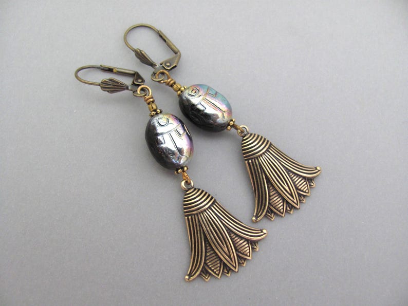 Scarab Earrings Lotus Flower Egyptian Revival Vintage Style Art Deco Earrings Long Victorian Revival Holiday Christmas Gift Earrings 画像 5