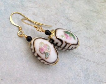 Vintage Porcelain Earrings White Black Onyx Oriental Beads Gold Plated Earrings