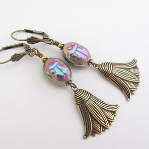 Scarab Earrings Lotus Flower Egyptian Revival Vintage Style Art Deco Earrings Long Victorian Revival Holiday Christmas Gift Earrings 画像 2