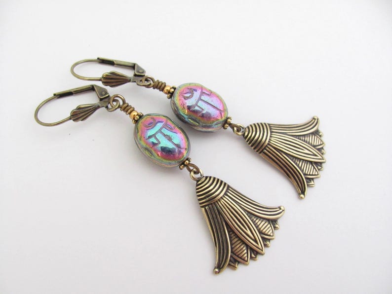 Scarab Earrings Lotus Flower Egyptian Revival Vintage Style Art Deco Earrings Long Victorian Revival Holiday Christmas Gift Earrings 画像 2