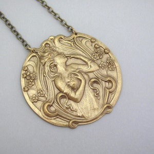 Art Nouveau Goddess Necklace Pendant Antique Brass Chain Birthday Wedding Vintage Art Deco Gift Necklace