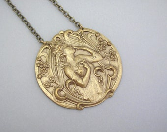 Art Nouveau Goddess Necklace Pendant Antique Brass Chain Birthday Wedding Vintage Art Deco Gift Necklace