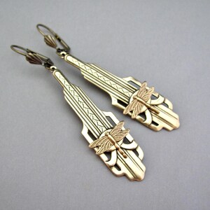 Art Deco Earrings Dragonfly Bohemian Antiqued Brass Long Vintage Insect Earrings