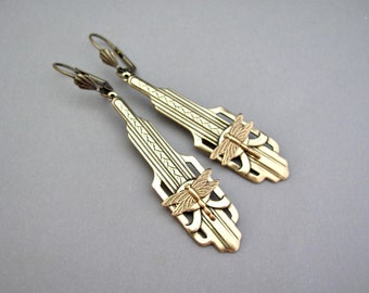 Art Deco Earrings Vintage Dragonfly Bohemian Antiqued Brass Long Vintage Insect Earrings