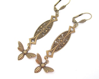 Art Deco Earrings Vintage Bumble Bee Cottage Core Antiqued Brass Long Vintage Insect Nouveau Earrings