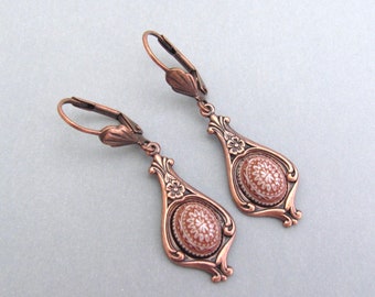 Art Nouveau Earrings Victorian Revival Cottagecore Wedding Romance Antiqued Copper Mosaic Cabochon Earrings
