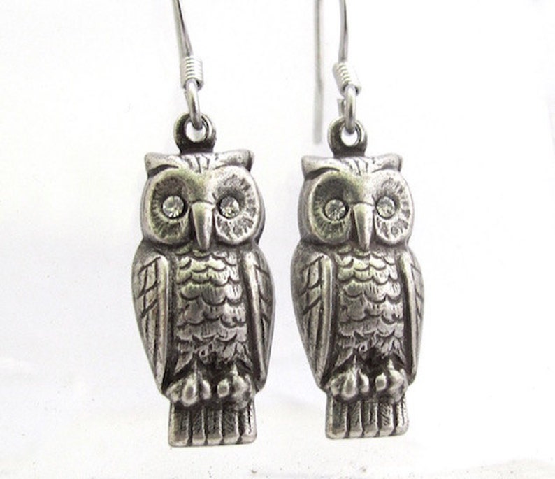 Owl Earrings Rhinestone Antiqued Silver Plated Boho Bird Jewelry Dangle Vintage Design Bird Earrings