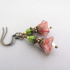 Peach Flower Earrings Spring Summer Gift Jewelry Birthday Wedding Vintage Glass Swarovski Crystal Pearl Earrings