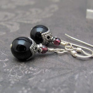 Black Onyx Earrings Garnet Gemstone Dainty Sterling Silver