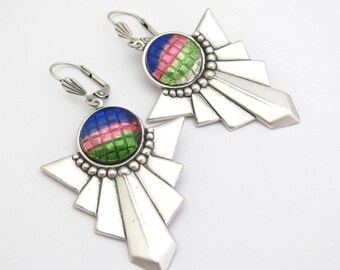 Art Deco Earrings Vintage Rainbow Glass Bohemian Antiqued Silver Deco Cosplay Costume Ren Faire Earrings