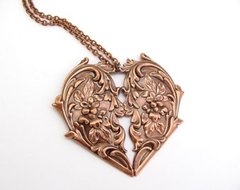 Heart Necklace Antique Copper Heart Large Statement Flower Heart Chain Art Deco Mothers Day Gift Necklace