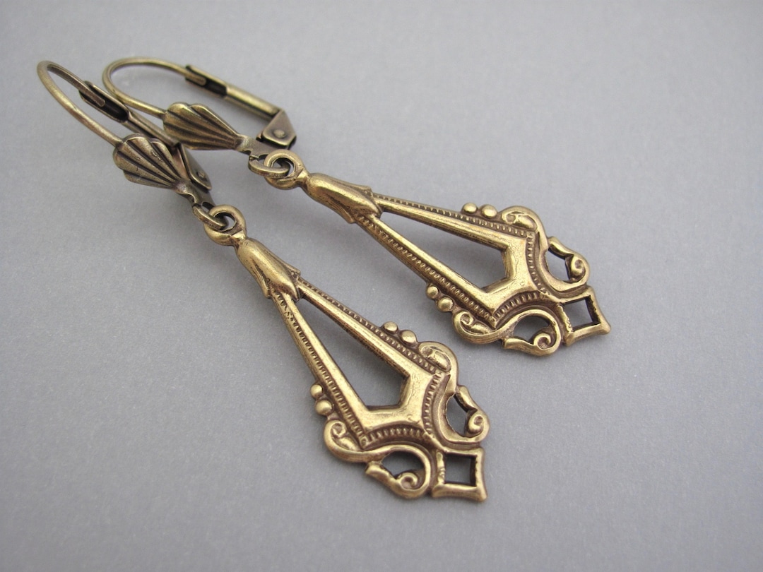Art Deco Earrings Antiqued Gold Brass Bridesmaid Gift Bridal Jewelry Wedding Jewelry Hawaiibeads Nouveau Earrings