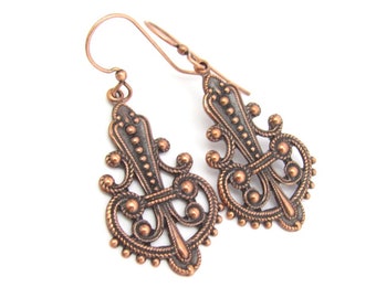 Copper Earrings Art Deco Dangle Antiqued Art Deco Moroccan Cosplay Ornate Feminine Earrings