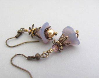 Flower Earrings Vintage Glass Purple Gold Swarovski Crystal Pearls Victorian Revival Steampunk Renaissance Faire Earrings