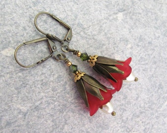Flower Earrings Red White Crystal Pearl Leverback Antiqued Brass Earrings Ren Faire Victorian Cosplay Party Prom Holiday Earrings