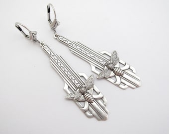 Art Deco Earrings Bumble Bee Bohemian Antiqued Silver Plated Long Vintage Insect Earrings