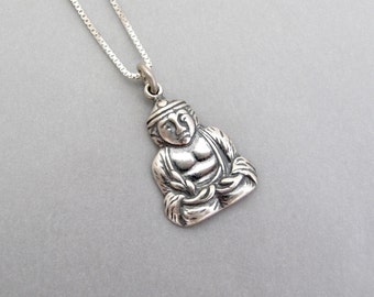 Buddha Pendant Necklace Sterling Silver Box Chain Vintage Silver Charm Gift Pendant