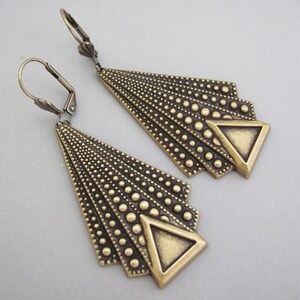 Art Deco Earrings Antiqued Gold Brass Vintage Design Deco Shield Ren Faire Cosplay Bold Costume Jewelry Earrings