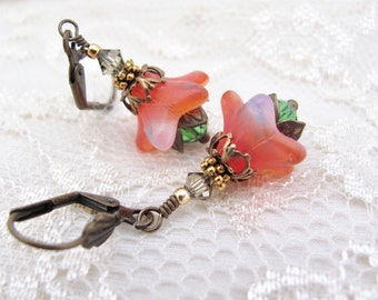 Flower Earrings Victorian Cosplay Antiqued Brass Tangerine Lilac Green Glass Crystal Earrings