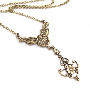 Art Nouveau Necklace Flower Pendant Fleur De Lis Antiqued Brass Chain Birthday Anniversary Vintage Art Deco Gift