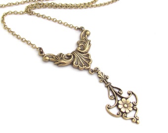 Art Nouveau Necklace Flower Pendant Fleur De Lis Antiqued Brass Chain Birthday Anniversary Vintage Art Deco Gift