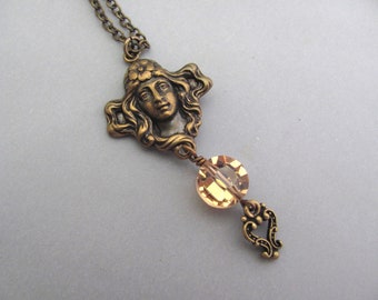 Art Deco Necklace Goddess Pendant Vintage Crystal Antiqued Brass Chain Nouveau Cosplay Ren Faire Feminine Academia Gift Jewelry