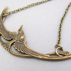Art Nouveau Bird Necklace Egyptian Revival Pendant Oxidized Brass Chain Birthday Anniversary Vintage Art Deco Gift