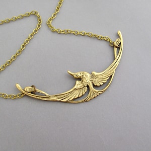 Art Nouveau Bird Necklace Egyptian Revival Pendant Oxidized Brass Chain Birthday Anniversary Vintage Art Deco Gift