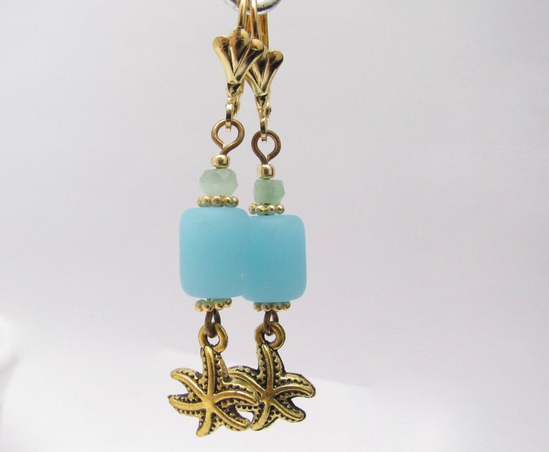 Star Fish Sea Glass Earrings Blue Beach Jewelry Made in Hawaii Hawaiian Earrings
