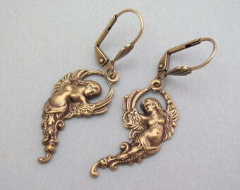 Goddess Earrings Art Nouveau Winged Goddess Jewelry Antiqued Gold Brass Dangle Drop Lever Back or Clip On Earrings