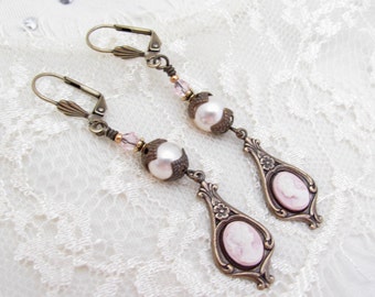 Cameo Earrings Crystal Pearl Antiqued Brass Long Victorian Edwardian Tudor Cosplay Ren Faire Earrings