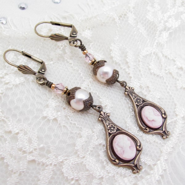 Cameo Earrings Crystal Pearl Antiqued Brass Long Victorian Edwardian Tudor Cosplay Ren Faire Earrings