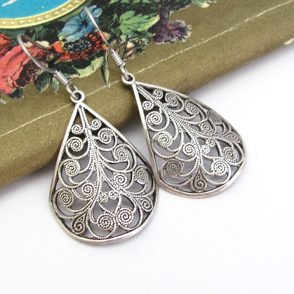 Art Deco Earrings Filigree Teardrop Art Nouveau Antiqued Silver Plate Renaissance Faire Cottagecore Earrings