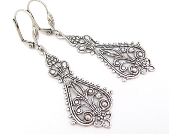 Art Nouveau Earrings Chandelier Bohemian Boho Steampunk Wedding Jewelry, Bridal Deco Moroccan Antiqued Silver Plate Earrings
