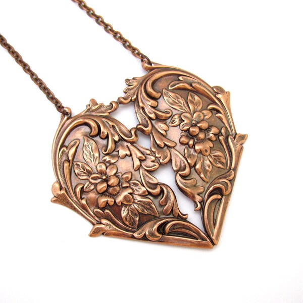 Heart Necklace Antique Copper Heart Large Statement Flower Heart Chain Art Deco Mothers Day Gift Necklace