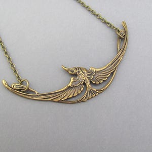 Art Nouveau Bird Necklace Egyptian Revival Pendant Oxidized Brass Chain Birthday Anniversary Vintage Art Deco Gift