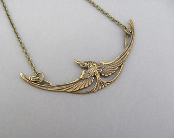 Art Nouveau Bird Necklace Egyptian Revival Pendant Oxidized Brass Chain Birthday Anniversary Vintage Art Deco Gift