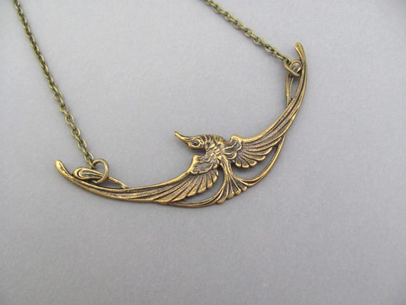 Art Nouveau Bird Necklace Egyptian Revival Pendant Oxidized Brass Chain Birthday Anniversary Vintage Art Deco Gift
